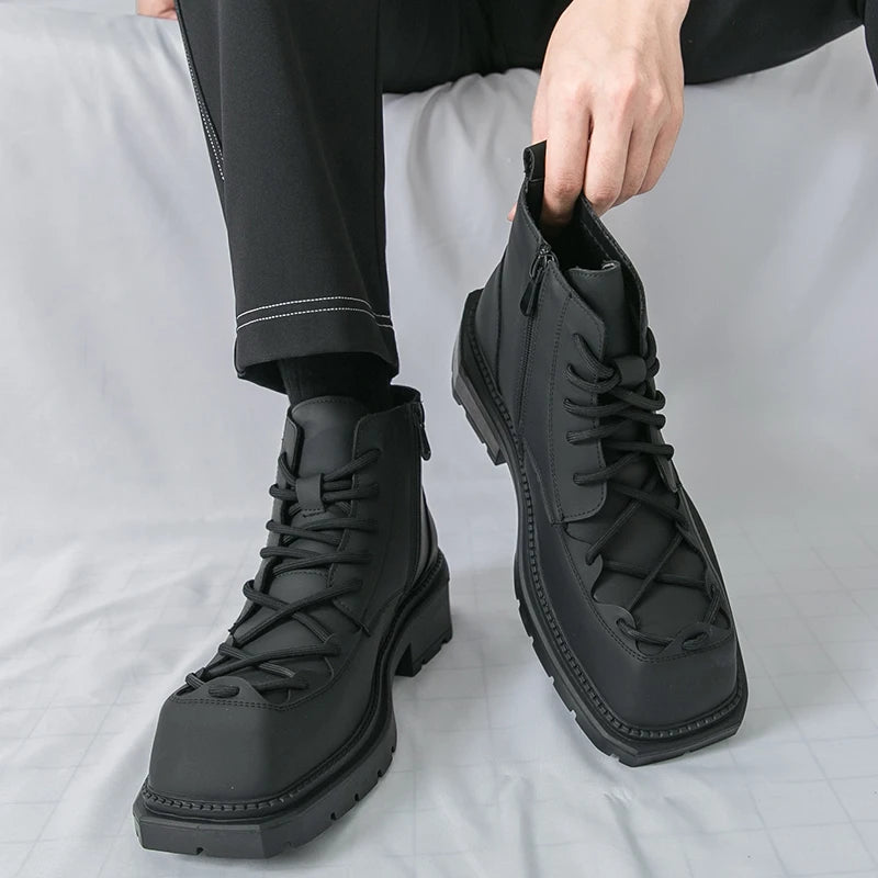 Autumn New Men Comfortable Lace Up Side Zipper High Top Leather Shoes Fashion Brand Round Toe Thick Soled Non Slip Outdoor Boots