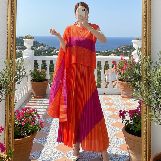 Miyake Pleated Two Piece Skirt Sets Women Sleeveless Irregular T-shirt Long Contrasting Color Skirt
