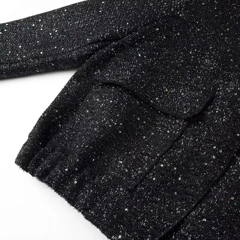 Women's Sequined Bomber Jacket Fall New Round Neck Long Sleeve Pocket Stretch Hem Sequins Jacket Coat Female Chic Outerwear