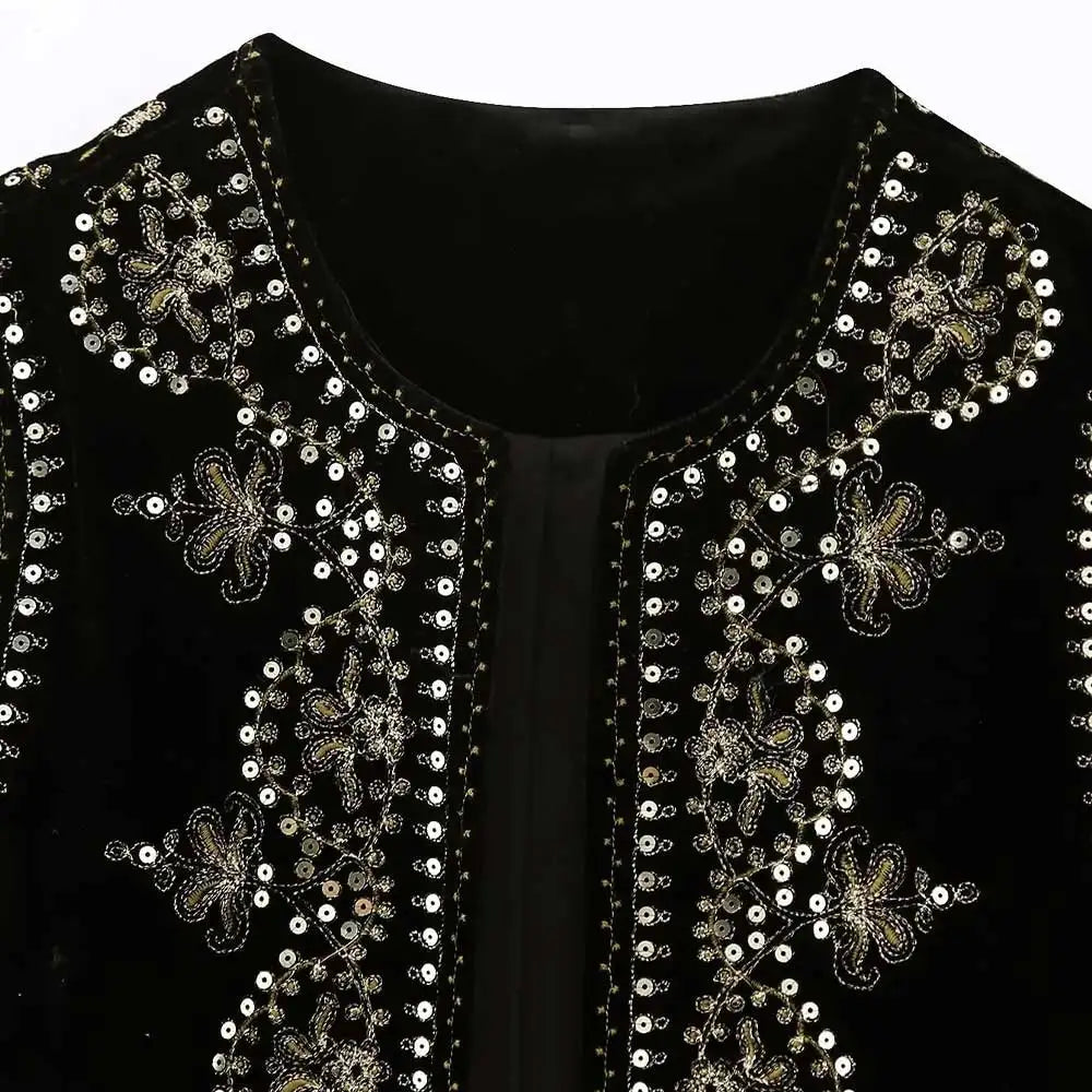 Women Fashion With Sequin Floral Embroidery Crop Waistcoat Vintage O Neck Sleeveless Female Outerwear Chic Vest Tops