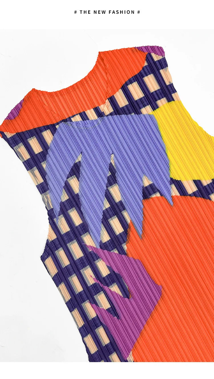 Miyake Pleated Sleeveless Vest Women's Spring and Summer New Contrast Color Geometric Print Loose Casual Fashion Round Neck Top