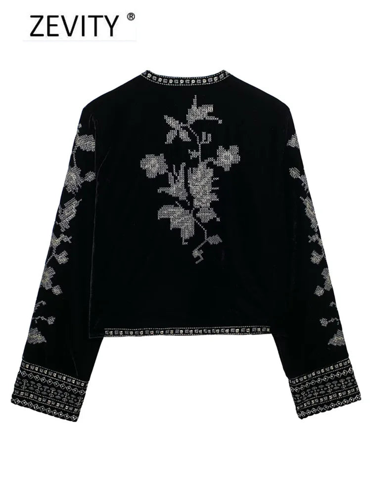 Elegant, Korean Zevity New Women Vintage O Neck Geometric Floral Embroidery Short Velvet Coat Office Lady Long Sleeve Outwear Jacket Tops CT7352