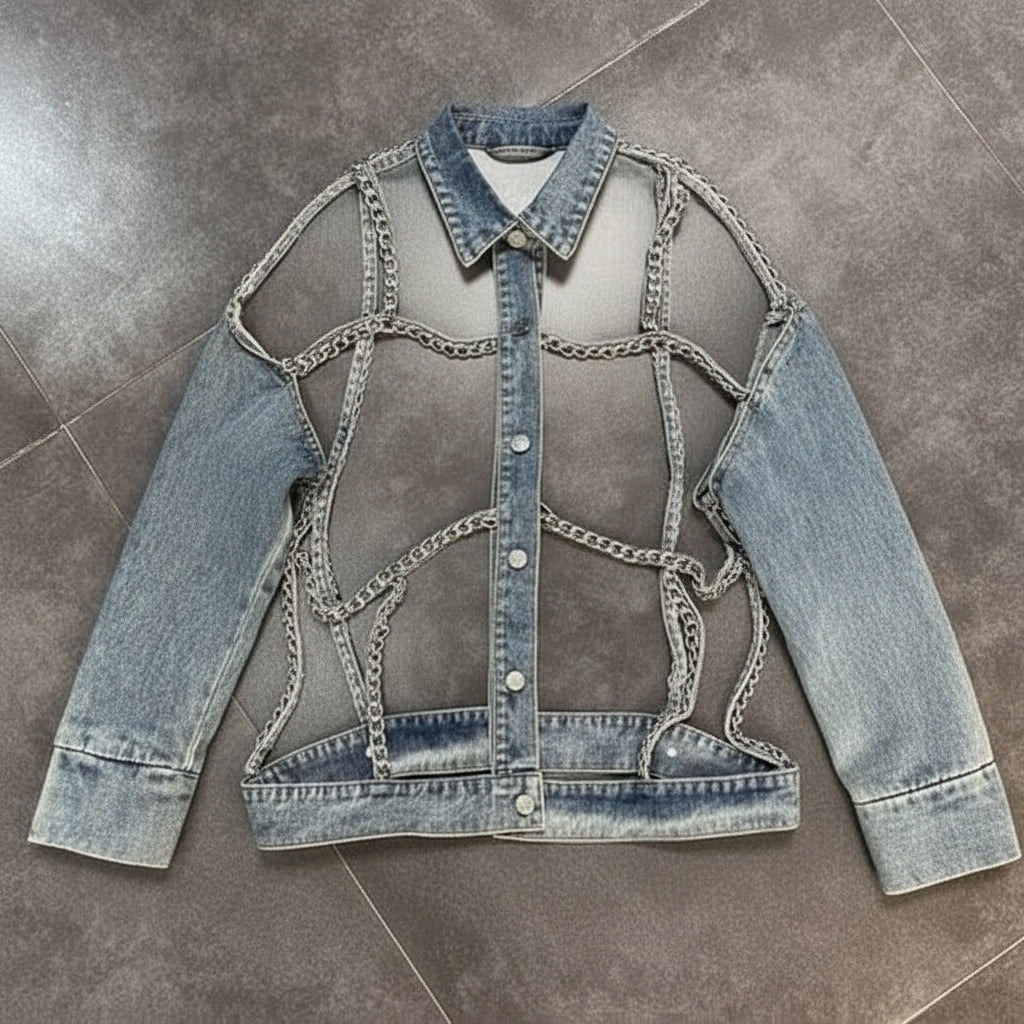 Denim Jacket 2023 Spring Summer Lapels Long Sleeve Chain Hollow Cool Handsome Street Denim Long Sleeve Jeans Jacket for Women