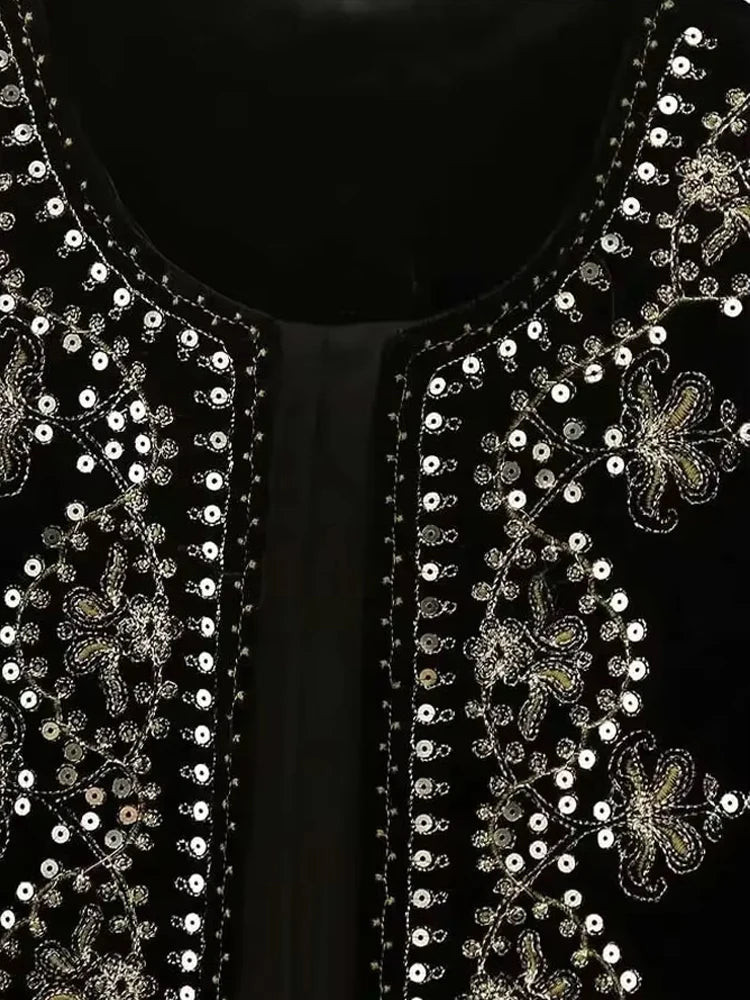 Women Fashion With Sequin Floral Embroidery Crop Waistcoat Vintage O Neck Sleeveless Female Outerwear Chic Vest Tops