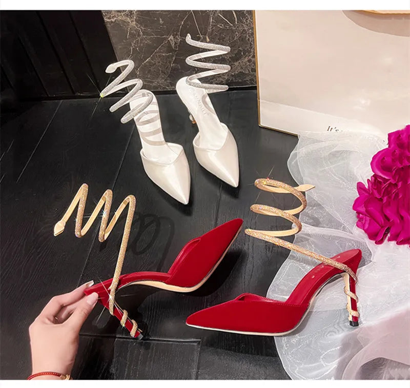Star style Luxury Rhinestones Snake Coiled Satin Women Pumps Fashion High heels Gladiator Sandals Summer Autumn Wedding Shoes