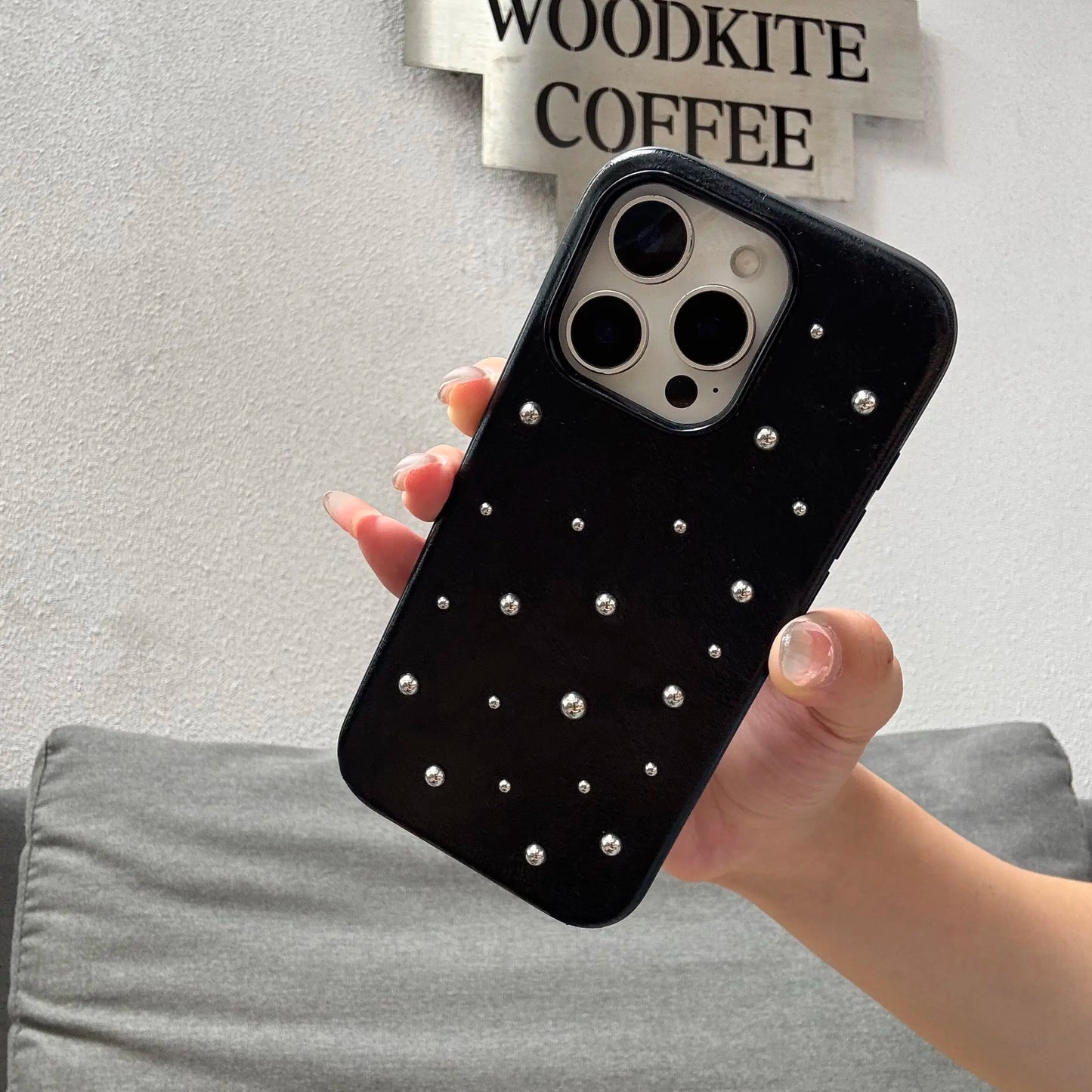 Chic iPhone case 17 16 15 14 Pro Max 17Air Case Fashion Advanced Black Leather Stereoscopic Small Round Bead Rivet Phone Cover