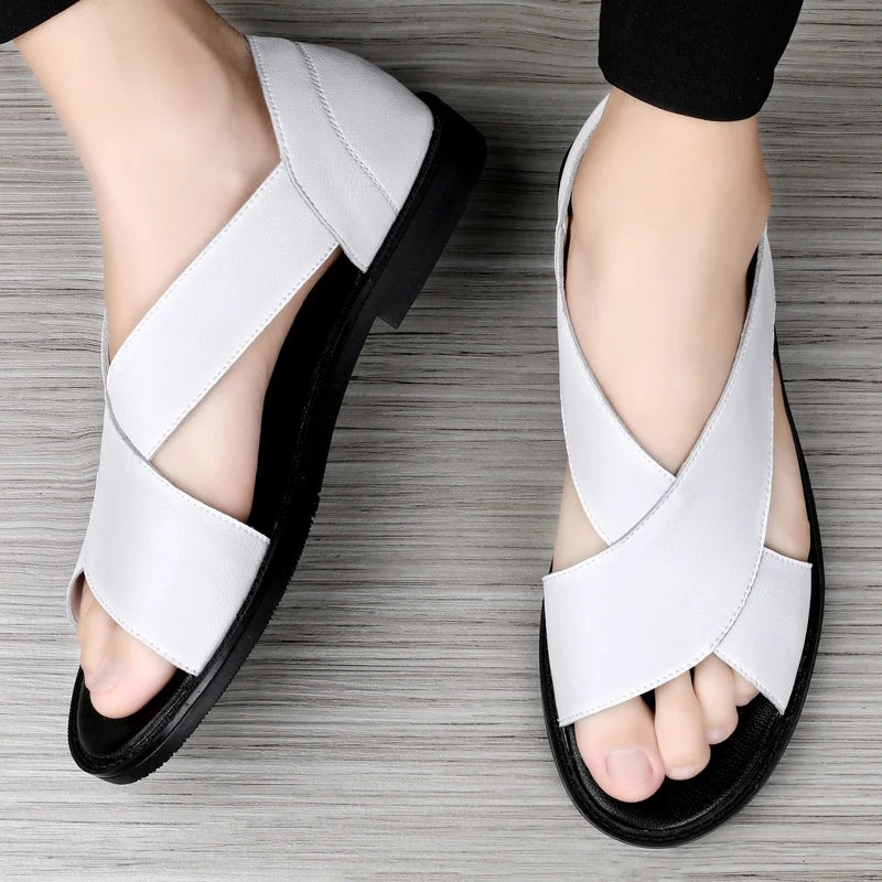 2023 New Genuine Leather Men's Sandals Flat Open Toe Rome Style Mens Sandalias Summer Breathable Beach Gladiator Sandals for Men