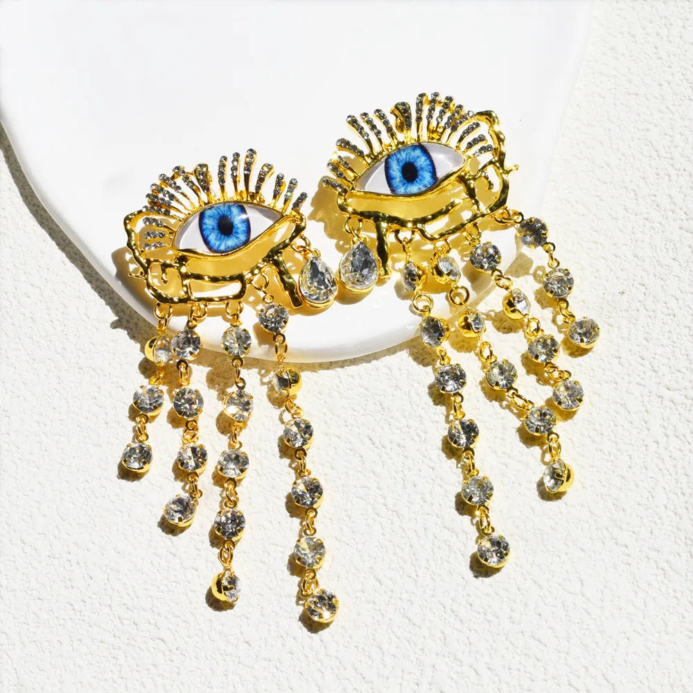 Baroque Style Metal Golden Plated Eyes Tassel Dangle Earrings For Women Fashion Jewelry Exaggerated Ears' Accessories