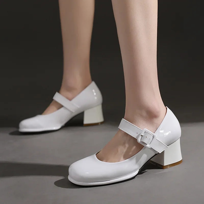 Spring Autumn Women Platform Mary Janes High Thick Heel Orange Red Patent Leather Dress Office Lady Round Toe Buckle Strap Pumps