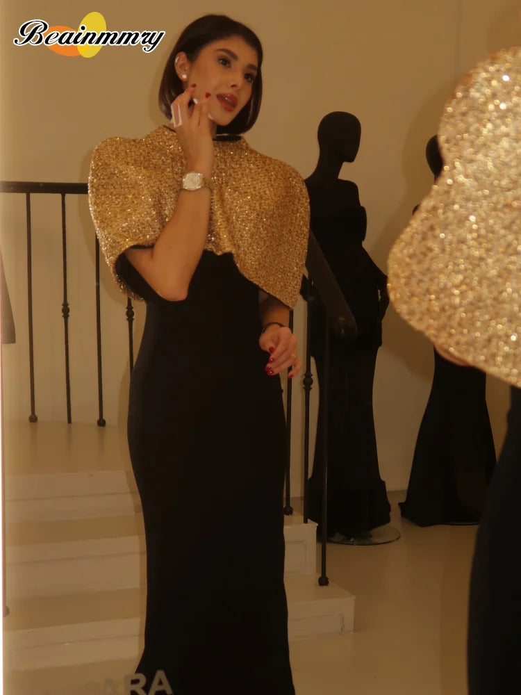 Elegant Chic Gold Sparkle Capelet Top Shiny Tweed Shoulder Wrap Turtleneck Short Cloak New Lady Evening Club Party Tops 2026