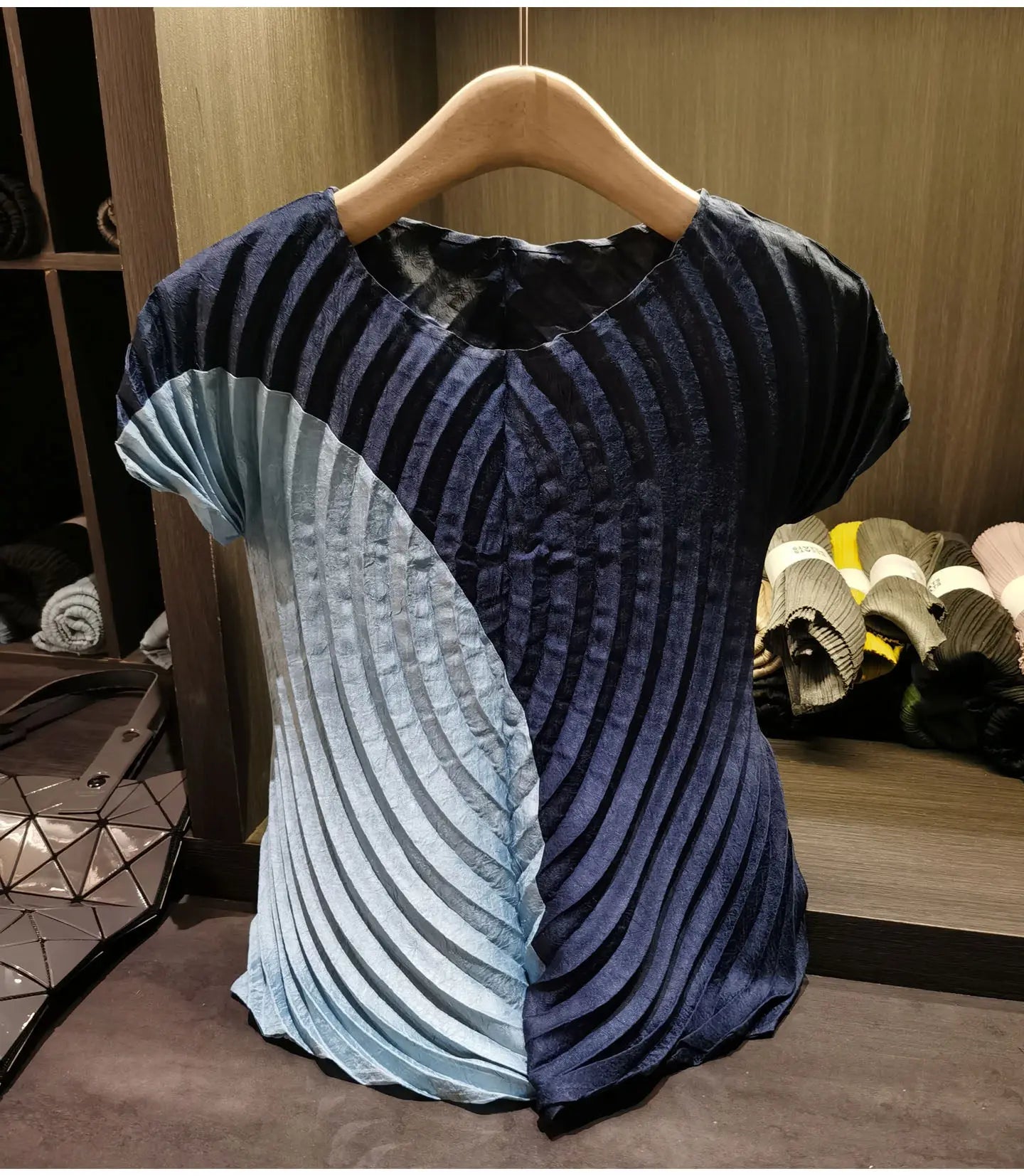 Miyake style Pleated Color Block T-Shirt 2026 Summer New Irregular Top Skirt 2-Piece Set Women Vacation Stretch Wrinkle-Free Clothing