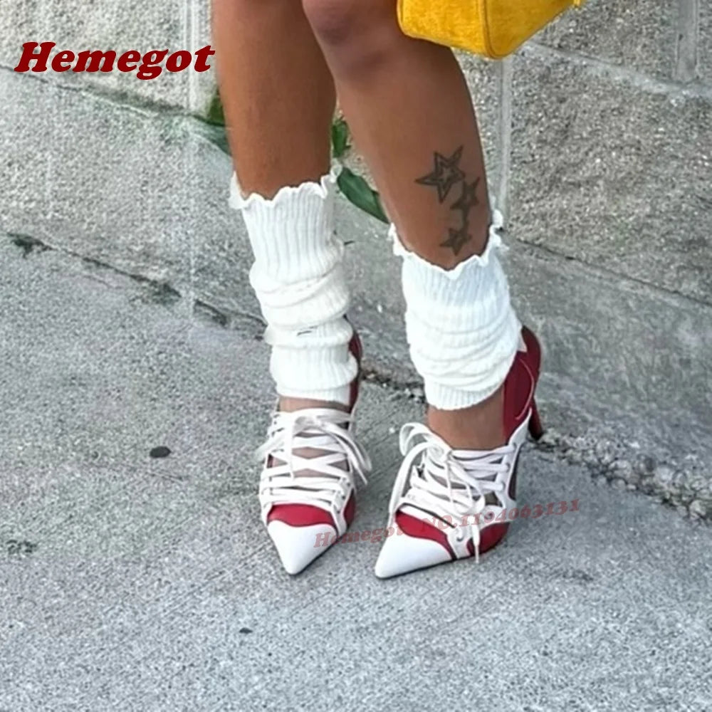 Patchwork Cross Tied Shallow Pumps Pointy Toe Lace-Up Stiletto Heels Pumps for Women 2025 Newest Splicing Runway Street Shoes