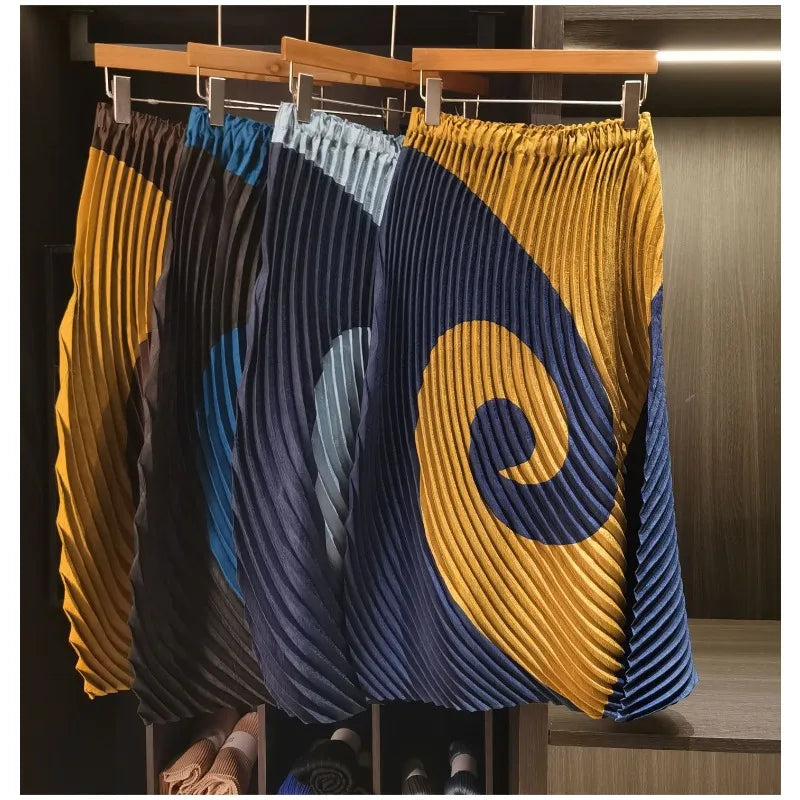 Miyake style Pleated Color Block T-Shirt 2026 Summer New Irregular Top Skirt 2-Piece Set Women Vacation Stretch Wrinkle-Free Clothing