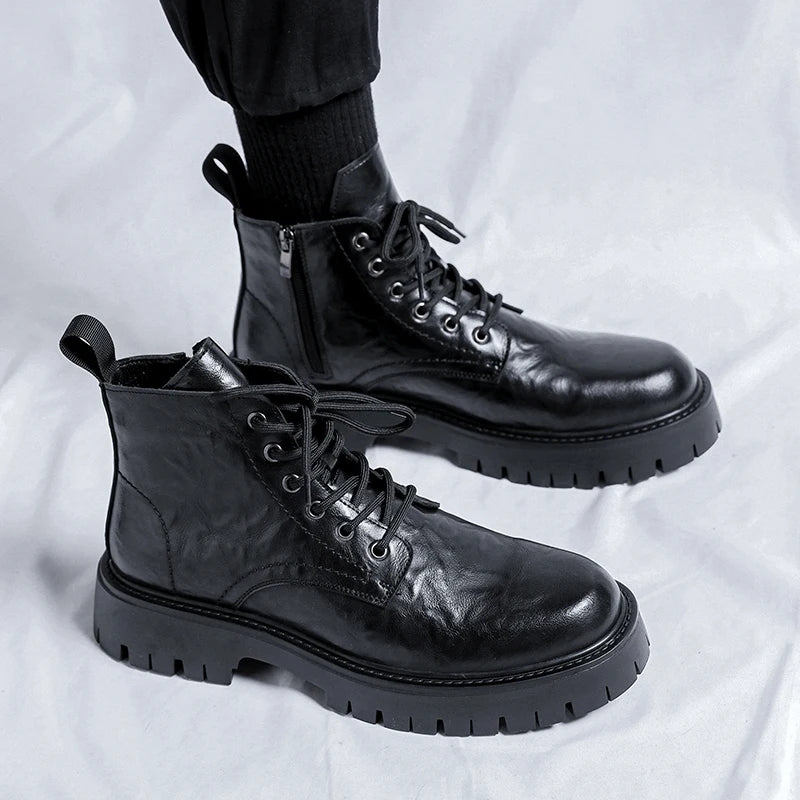 New Fashion Lace Up Casual Mens Boots Mens Thick Sole Ankle Boots Trendy Comfortable Mens Classic Black/Brown Motorcycle Boots
