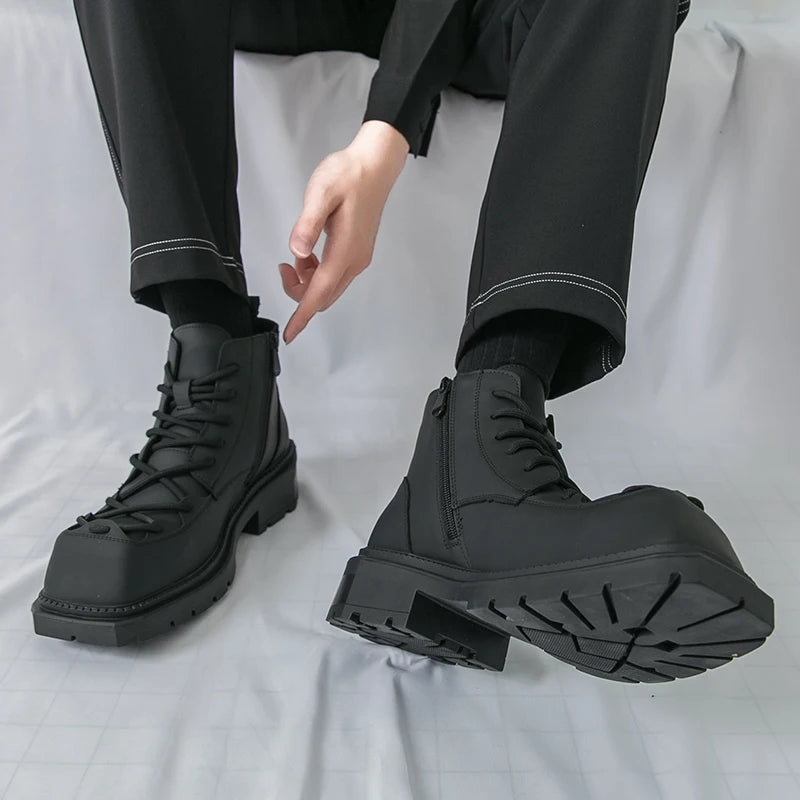 Autumn New Men Comfortable Lace Up Side Zipper High Top Leather Shoes Fashion Brand Round Toe Thick Soled Non Slip Outdoor Boots