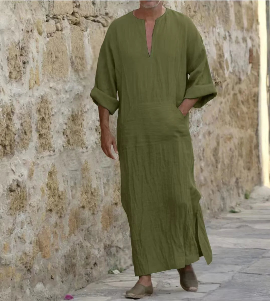 New 2026 Men Cotton Linen Long T-shirts Muslim Solid Casual Abayas Men Jubba Thobe Kaftan Arab Islamic V-neck Long Sleeve Robes
