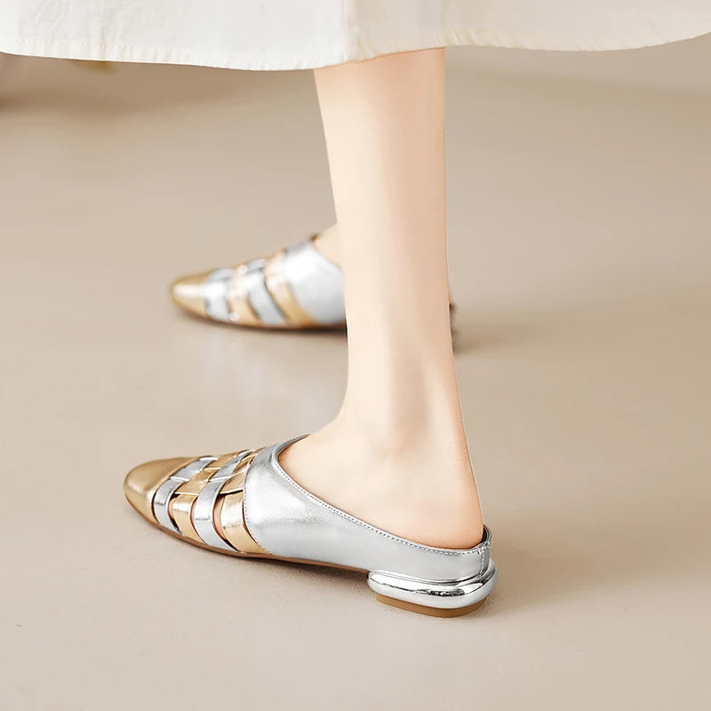 Dilalula 2025 Genuine Leather Braided Slippers Women Mixed Color Covered Toe Low Heels Casual Slides Ladies Summer Weave Mules