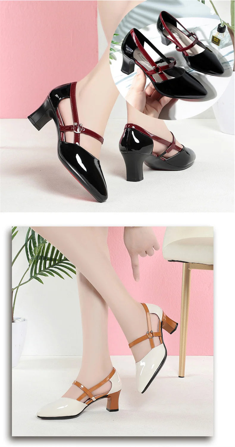 2024 Soft Leather Sandals Women Spring Summer Fashion Pointed Tip Single Shoes Low-Heel Hollow Buckle Ventilate Office Gentle