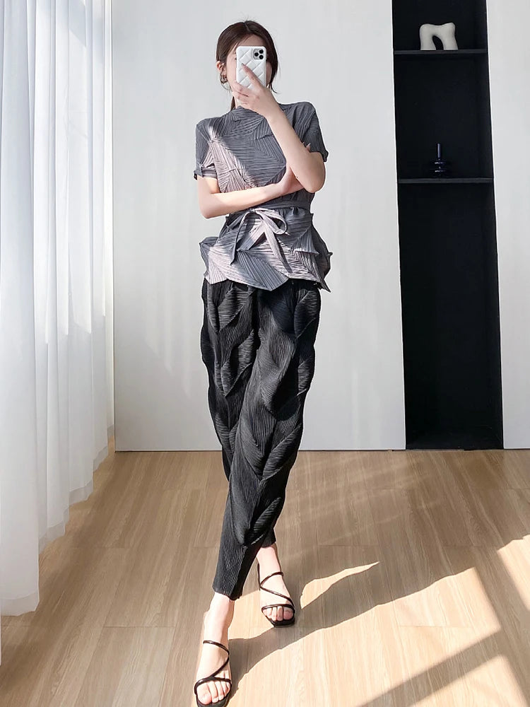 Miyake Pleated Pants Women Elastic Wiast 2023 New Summer Versatile Casual Pencil Trousers Solid Color Female Fashion  Pants