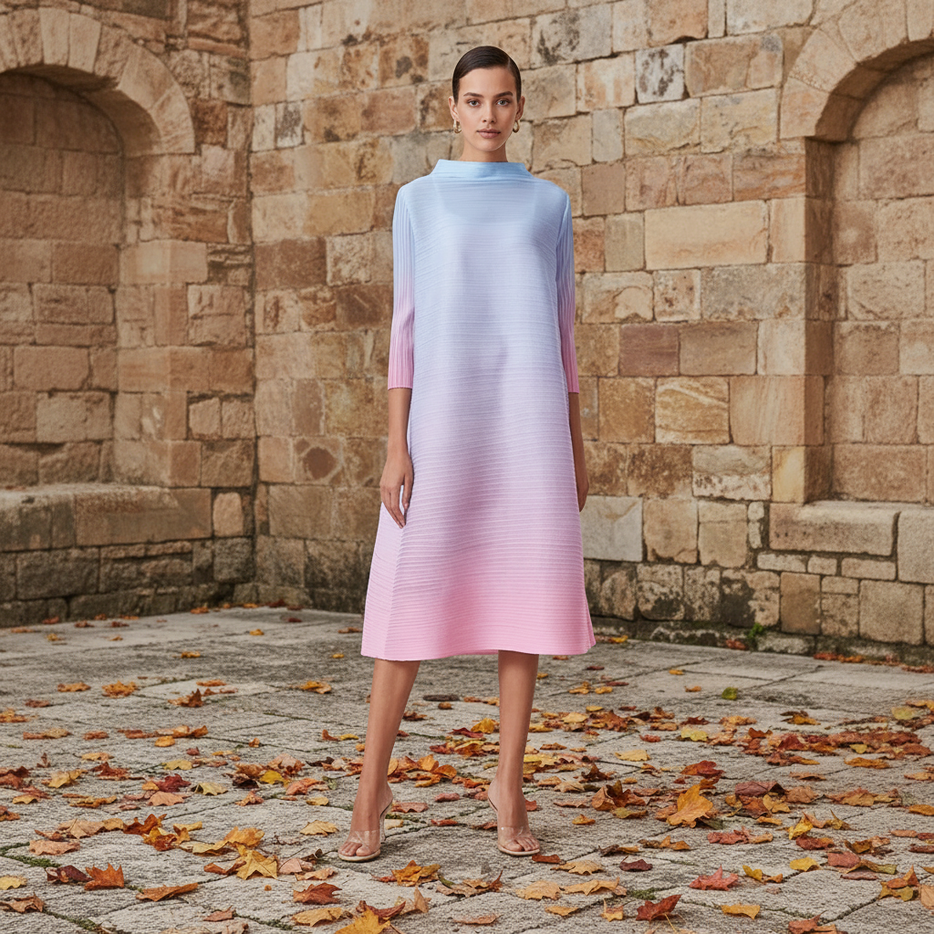 YUDX Miyake Elegant Gradient Pleated Dress Turtleneck Full Sleeves Pink Orange Fashion Mid-Calf Dresses For Women 2025 New