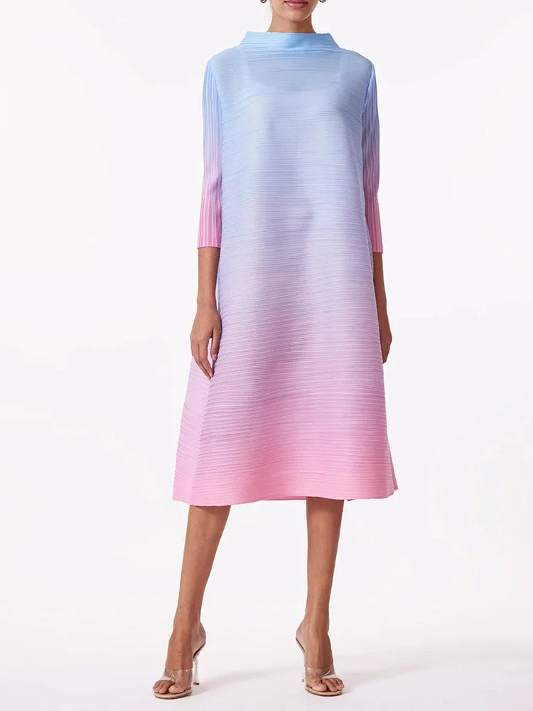 YUDX Miyake Elegant Gradient Pleated Dress Turtleneck Full Sleeves Pink Orange Fashion Mid-Calf Dresses For Women 2025 New