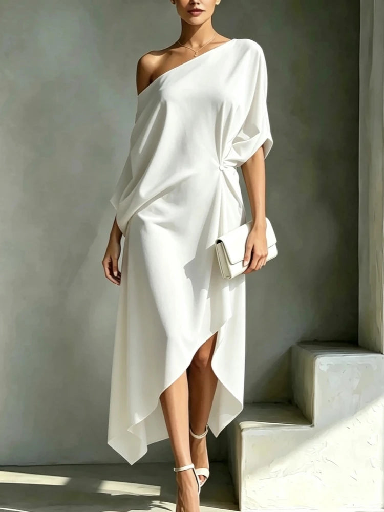 Elegant Off Shoulder Half Sleeve Dress Women Summer Batwing Sleeves Irregular Button Design Vintage Casual Holiday Beach Dresses