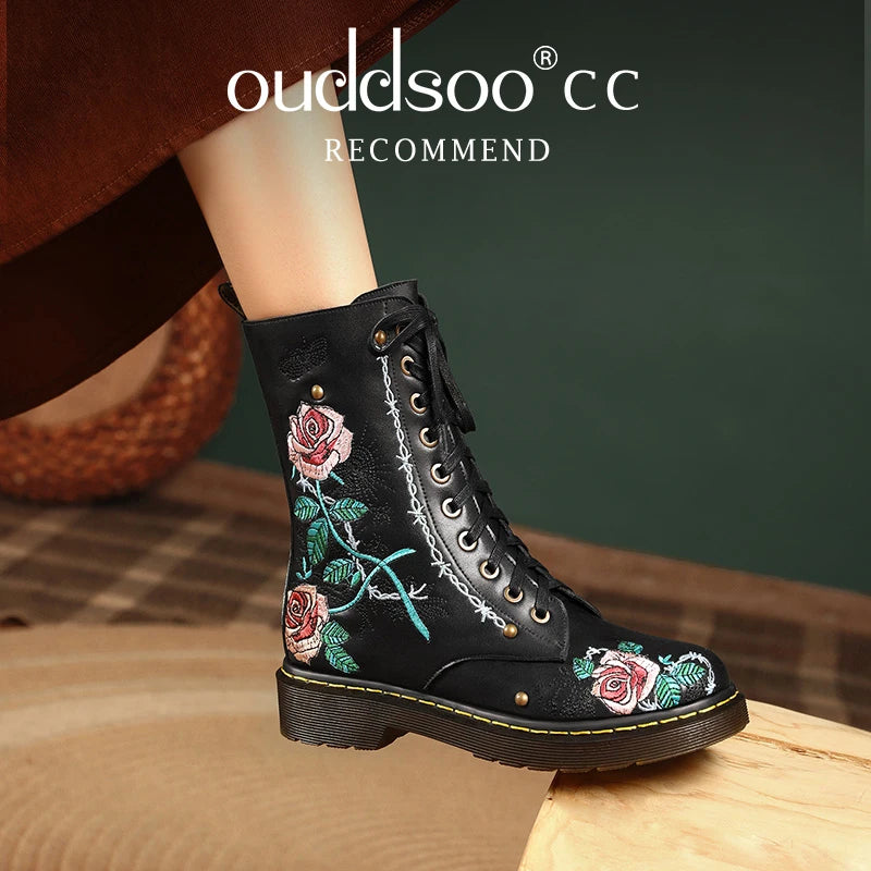 Ods Handmade Embroidery Rose Flower Retro Lace-up Mt Woman Genuine Leather Round Toe British Style Ankle Boots Big Size 40414243