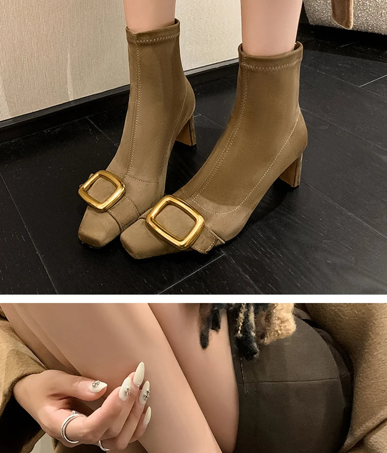 Ods Personalized Low-heeled Fashion Boots for Fall/winter New Pointed Metal Square Buckle Back Zipper Stretch Thin Ankle Boots42