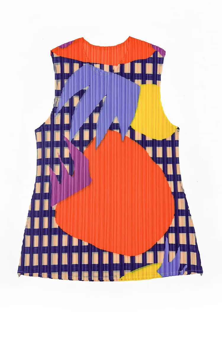 Miyake Pleated Sleeveless Vest Women's Spring and Summer New Contrast Color Geometric Print Loose Casual Fashion Round Neck Top