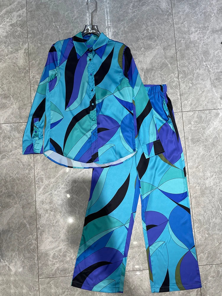 Retro geometric print lapel straight tube silk shirt two-piece set 2026 autumn women's clothing+loose wide leg pants fashion set