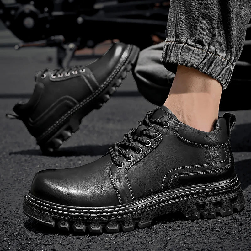 New Genuine Leather Men Boots Cow Leather Upper Durable Sole Lace up Autumn Winter Boots  Daily Leisure Outdoor Shoes For Man
