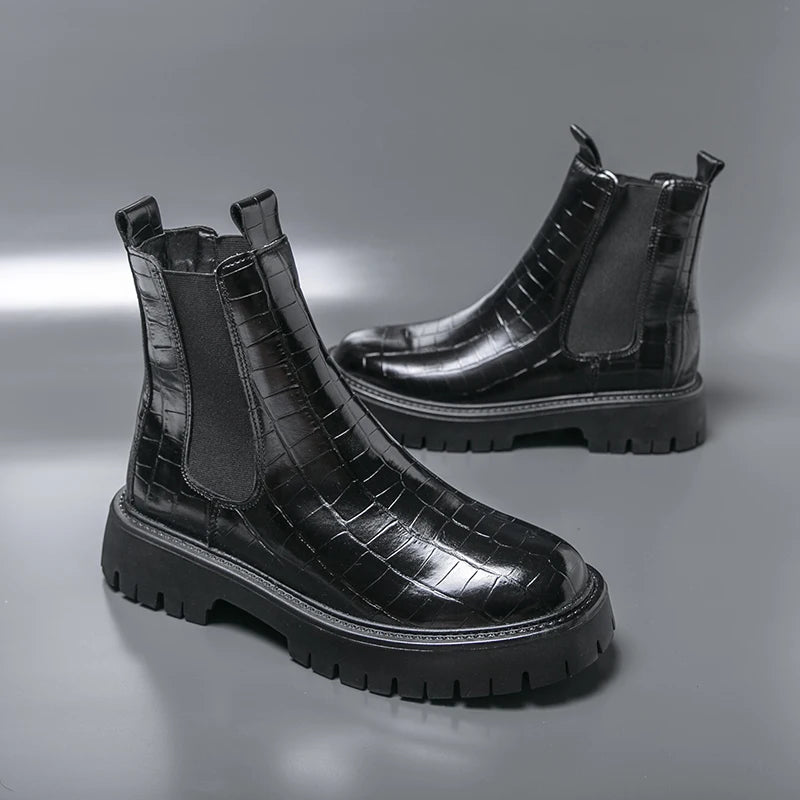 2025 Fashion Brand Men's Comfortable Fit Thick Soled Chimney Boots Autumn New High Top Chelsea Boots Plus Large Workwear Boots