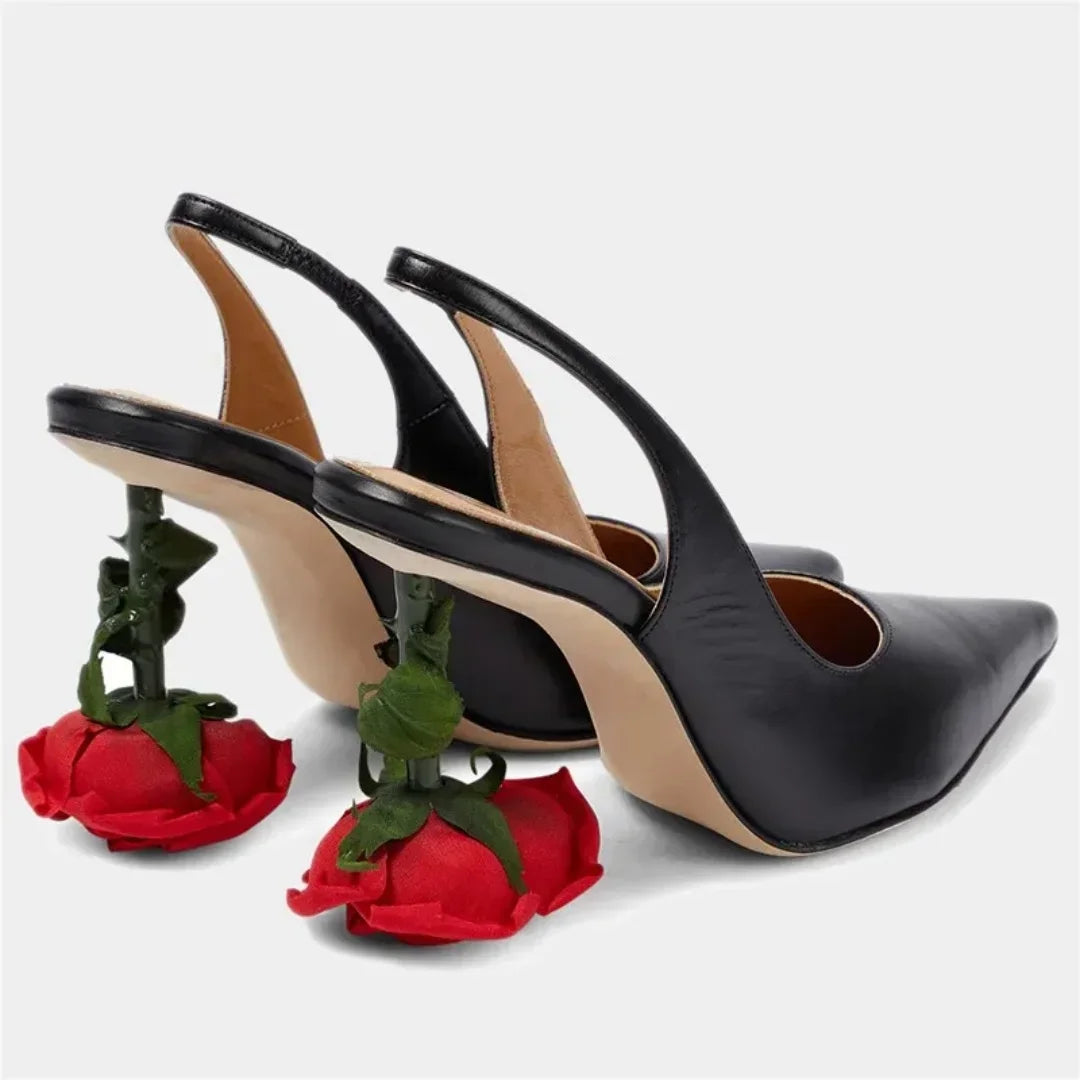 Sexy Rose Heeled Sandals Pointed Toe High Heels Red Blossom Strange Style Slingback Summer Shallow Solid Pull On Designer Shoes