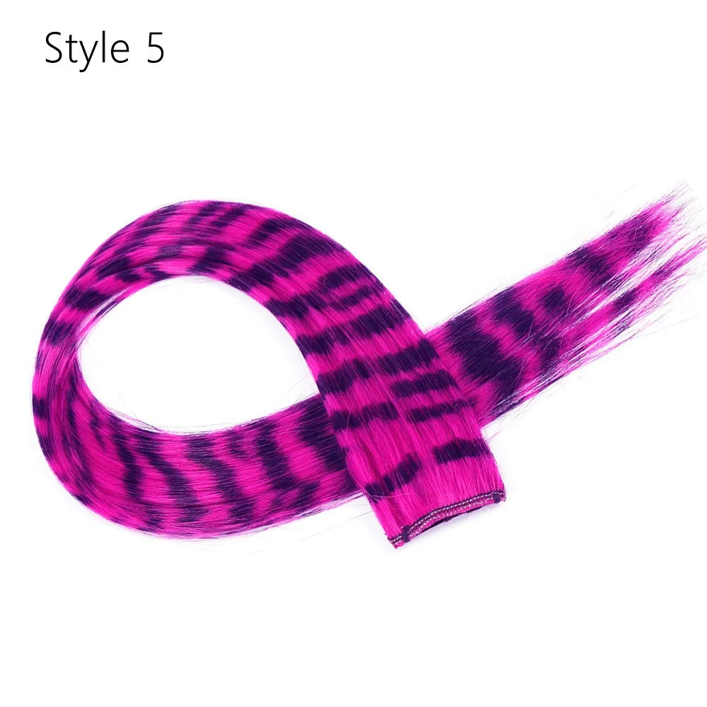 Stripe Printed Clip in Hair Extensions Synthetic Straight Hair Highlights Colorful 18 Inches Wig Hairpieces for Daily Use Party