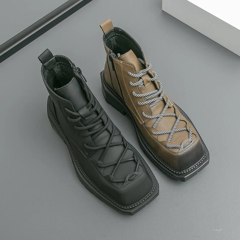 Autumn New Men Comfortable Lace Up Side Zipper High Top Leather Shoes Fashion Brand Round Toe Thick Soled Non Slip Outdoor Boots