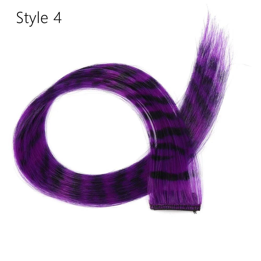 Stripe Printed Clip in Hair Extensions Synthetic Straight Hair Highlights Colorful 18 Inches Wig Hairpieces for Daily Use Party