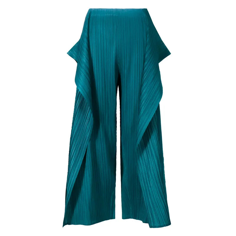 Miyake Irregular Designer Pleated Two Pieces Set Women Sleeveless Elegant Top Wide Leg Loose Trousers Summer Lady Clothing