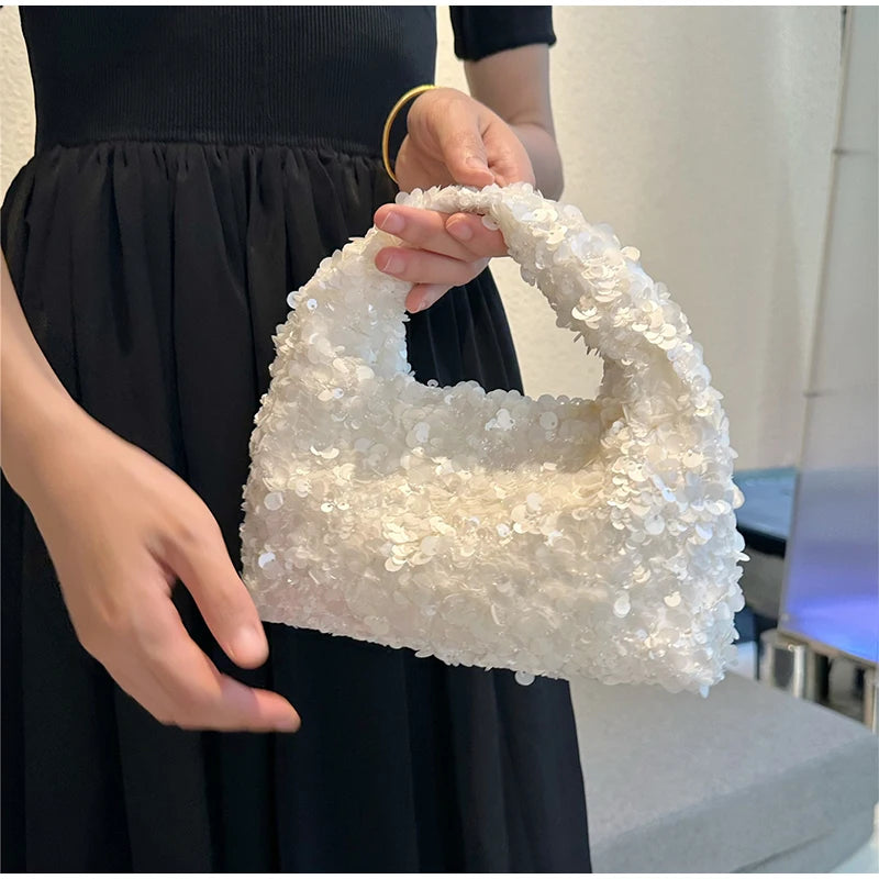 Luxury Pearlescent Sequin Elegant Clutch Purse,Niche French Designer Dumpling Cloud Hobo Evening Bag,Crescent Women Handbag