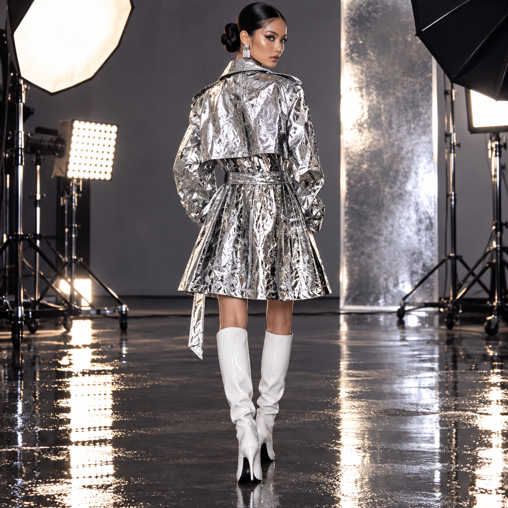 Spring Autumn Cool Oversized Shiny Silver Trench Coat for Women Belt Long Sleeve Loose Luxury Designer Clothes Y2K Streetwear