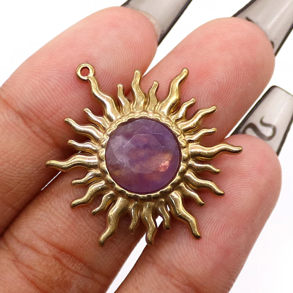 Solstice Sun Goodluck Pendant Shape Natural Amazonite Lapis Lazuli Black Agate Pendants Golden Frame Design Charms Jewelry Accessory 1 Pc For DIY Necklace