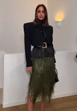 Elegant Green High Waist Women's Skirt With Sequins Female Casual Bodycon Long Shiny Sequined Bottom Lady Evening Party Skirts