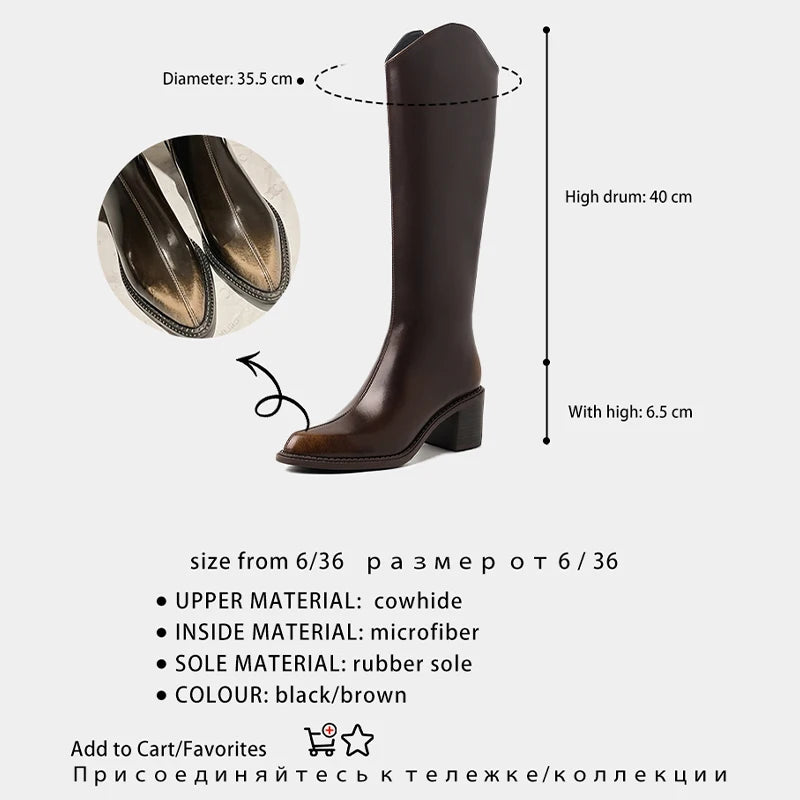 Ods New Women Genuine Leather Pointed Toe Knee High Boots Black White Brown Side Zipper Female Shoes Thick Heel Plus Size 42