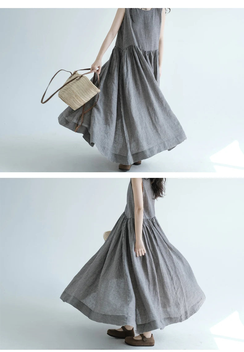 Summer New Women's Cotton Lin Loose Casual Dr High Waist A-Line Skirt Svel Vest Dr Cheered Pattern plus Size