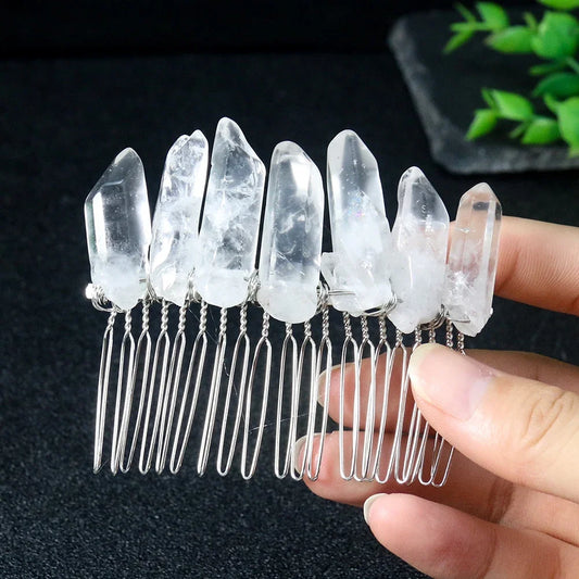 Natural Crystal Point Crown Hair Comb Transparent Quartz Crown Hair Band Bride Wedding Ornament Hairpin Craft Woman Jewelry