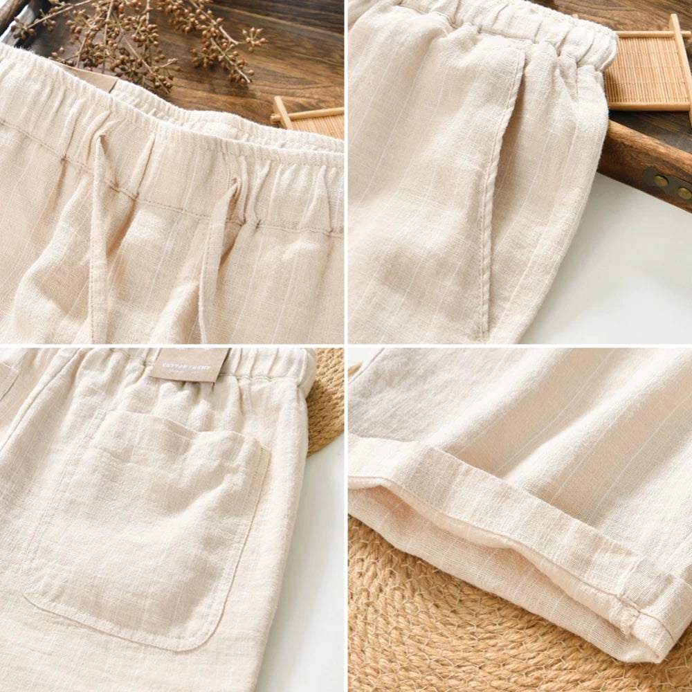Summer cotton linen men's beach shorts loose fit breathable ramie striped straight daily causal pants for men