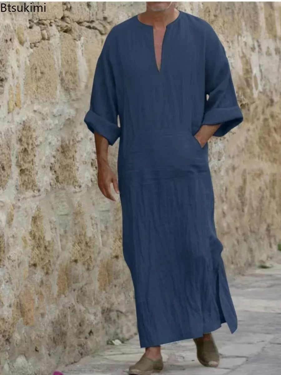 New 2026 Men Cotton Linen Long T-shirts Muslim Solid Casual Abayas Men Jubba Thobe Kaftan Arab Islamic V-neck Long Sleeve Robes