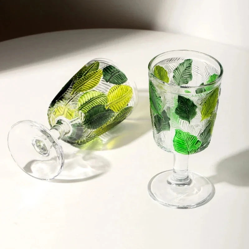Relief Leaf Glass Cup Red Wine Glass Juice Cup Cocktail Glasses 295ml Hand Painted High Footed Cup Household Glass Wine Set