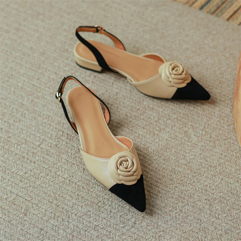 Dilalula Summer Genuine Leather Covered Toe Flower Sandals Ladies Sweet Low Thick Heels Elegant Flower Mixed Color Dress Shoes