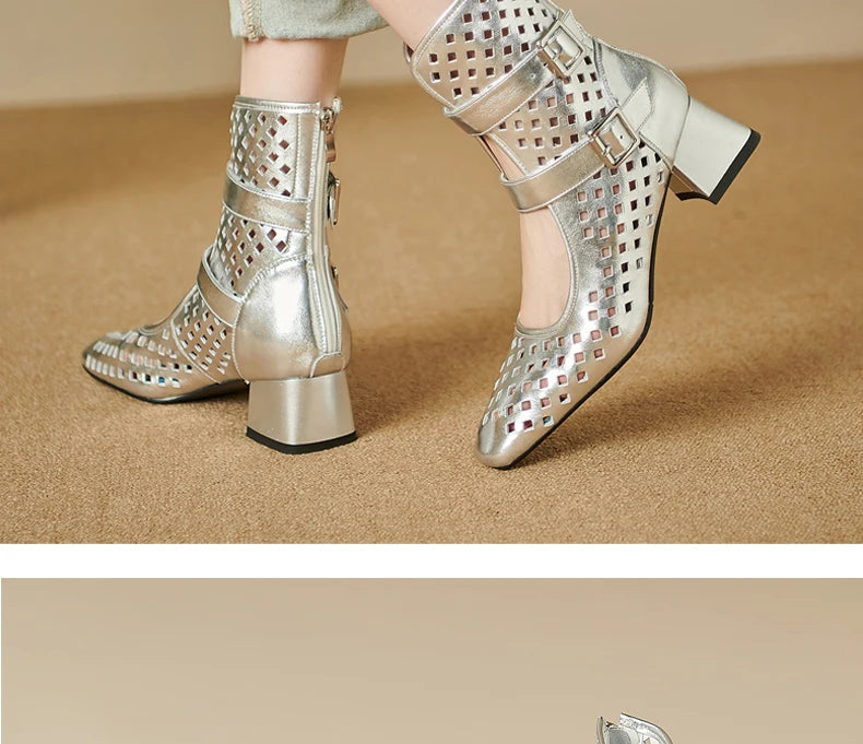Sexy Brand Luxury Gold Gladiator Sandals Platform Beige Summer Mesh Grid Ankle Boots Roman Sandals For Woman Genuine Leather