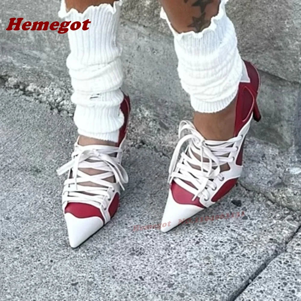 Patchwork Cross Tied Shallow Pumps Pointy Toe Lace-Up Stiletto Heels Pumps for Women 2025 Newest Splicing Runway Street Shoes